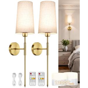 NookNova Battery Operated Wall Sconce Set of 2, 13000mAh Rechargeable Battery Powered Sconces with Remote Dimmable Fabric Shade Wireless Sconces Fixture for Bedroom Living Room (Gold+Beige)