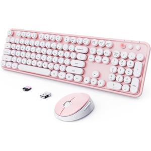 Wireless Keyboard and Mouse Combo, Ergonomic Full Size Typewriter Retro Round Keycaps Keyboard, Compatible with Windows, PC, Perfer for Home and Office Keyboards (Lovely Pink)