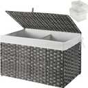 GREENSTELL Storage Basket with Lid, 17.2 Gallon(65L) Small Wicker Blanket Storage Basket with Handles, Foldable, 2 Removable Liner Bags, Metal Frame, for Bedroom, Laundry Room, Grey, 22.2"*13.4"*13.4"