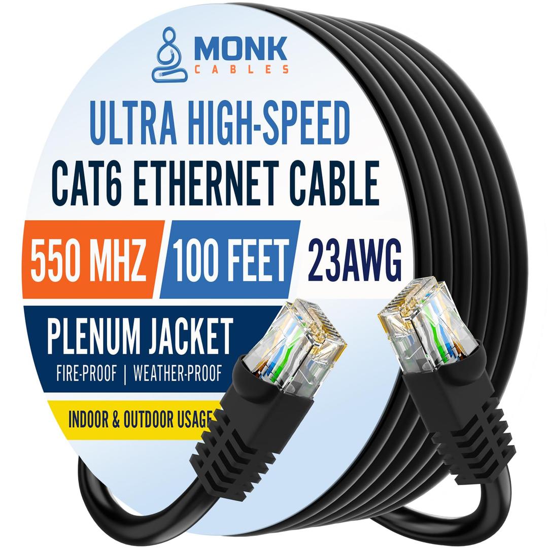 MONK CABLES | CAT6 Ethernet Cable | Plenum Rated | UTP, 23AWG, 550MHz | DSX-8000 Certified | Most Certified Cable of The Whole Market (Black, 100ft)