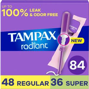 Tampax Radiant Tampons Multipack, with LeakGuard Braid, Regular/Super Absorbency, Unscented, 28 Count x 3 Packs (84 Count Total) (Packaging May Vary)