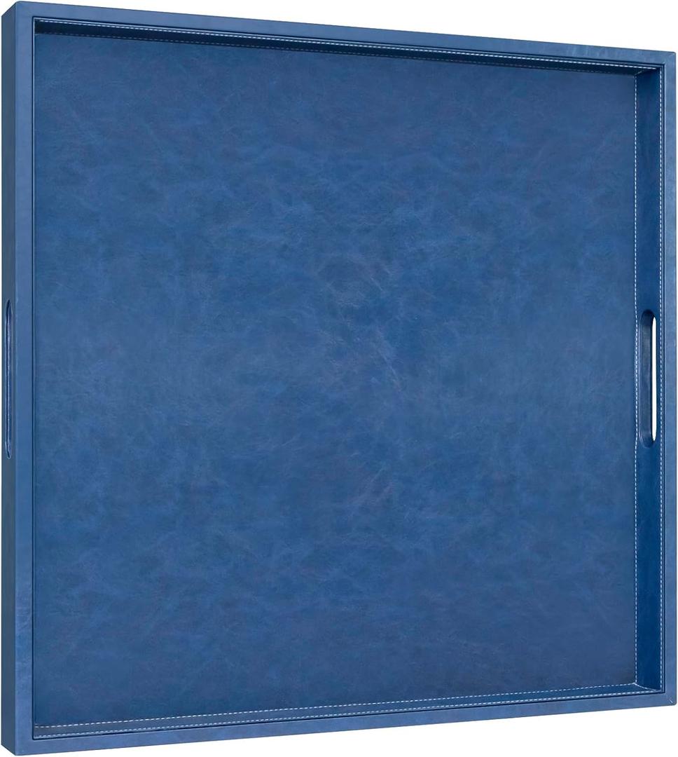 Large 20 x 20 inches Square Leather Ottoman Coffee Table Food Serving Tray with Handles for Decorative Living Room, Butler - Countertop, Kitchen, Family Dinner, Picnic - Blue