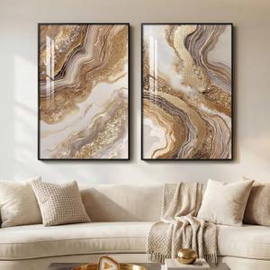 Framed Abstract Brown Gold Wall Art for Living Room, 2 Piece Large Modern Luxury Artwork for Walls, Contemporary Bright Style Picture Prints Paintings for Bedroom Dining Room Office 24x36 Inch, 24" W x 36" H x 2Pcs