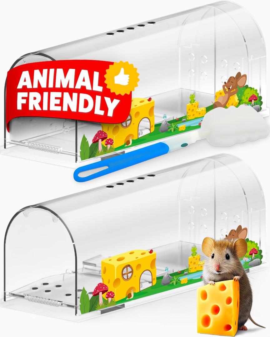 Motel Mouse Humane No Kill Live Catch and Release Mouse Traps, Reusable with Cleaning Brush - 2 Pack (Regular Cheese Sticker)