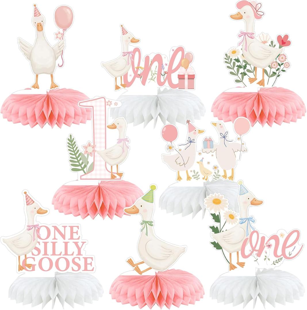 8 Pcs One Silly Goose Birthday Decorations Silly Goose Birthday Honeycomb Centerpieces Pink 1st Party Supplies for Women Pink Bow Duck Funny Party Supplies