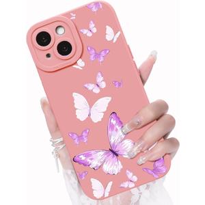 Compatible with iPhone 15 Phone Case, Fashion Flower Pattern Design Girls Women Liquid Silicone Cover, Slim Shockproof and Scratch-Resistant Soft Case for iPhone 15 - Butterfly Pink