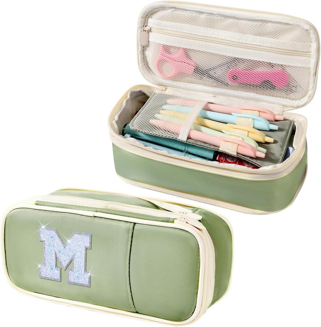 2 x Janhavi Initial Large Capacity Premium Oxford Cute Aesthetic Pencil Case Pouch Bag Special School Supplies Colored Stationery Organizer Gifts for Girls, Women, Adults (green)