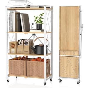 4 Tier Foldable Storage Shelf with Wheels,Folding Shelving Loads 400 LBS,No Assembly Bookshelf,Metal Shelving Units Storage for Garage,Living Room,Kitchen,Pantry, Office(27.9 x 13.3 x 49 in,White)