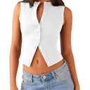 VOROFY Women's Button Down Tank Tops Cropped Ribbed Knit Summer Vest Sleeveless Slim Fit Y2K Going Out Tops (White-XL)