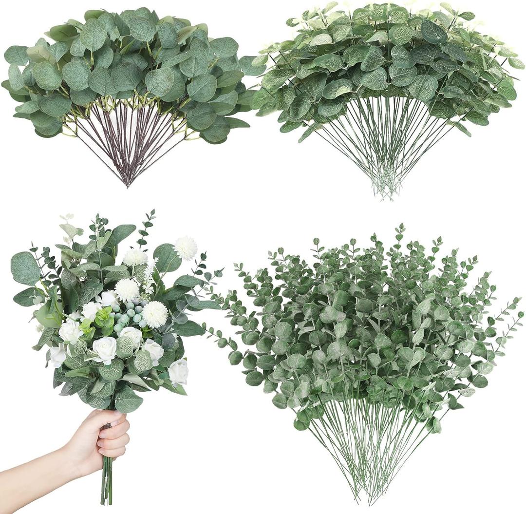 Giegxin 180 Pcs 3 Kinds Mixed Artificial Eucalyptus Leaves Stems Bulk Silver Dollar Leaves Picks Dried Eucalyptus Bundle Faux Spray for Wedding Vase Bouquet Floral Arrangement (Green)