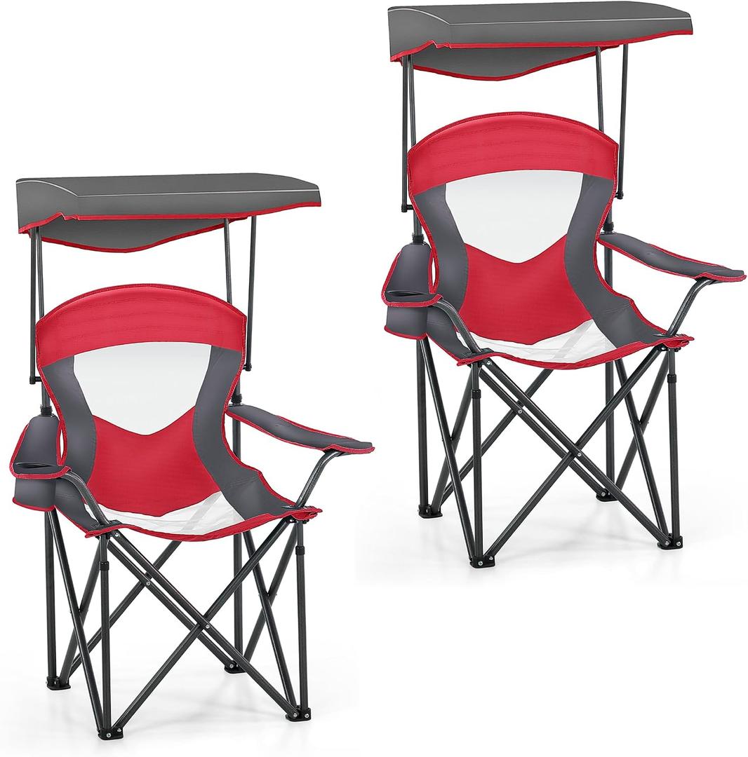 HIGH POINT SPORTS Heavy Duty Canopy Lounge Chair Sunshade Hiking Travel Chair, Foldable Canopy Shade Chair for Outdoor, Camping, Support 350 LBS, 2 Pack, Red, Twin Pack