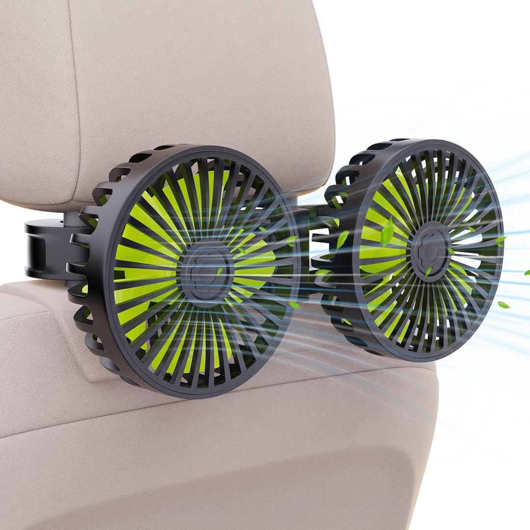 USB Car Cooling Fans for Backseat: Dual Head Car Fan for Kids 3 Speeds 360 Rotatable Vehicle Rear Headrest Fans 5V Powerful Electric Air Circulation Fan for Sedan SUV RV Truck (USB Plug) (Black+Green)