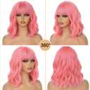 AGO Pink Wigs Short Wavy Hair Pastel Bob Wig with Bangs Shoulder Length Synthetic Hair for Women Girl Colorful Cosplay Wig Synthetic Heat Resistant Fiber for Daily Party Halloween Use(313#Pink)