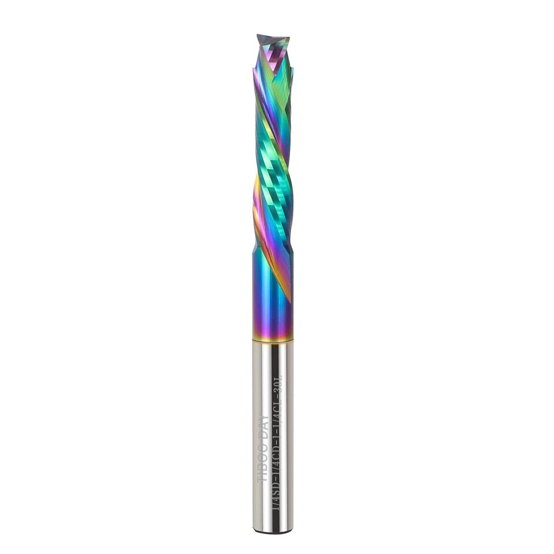 Compression Cut Spiral Router Bits 1/4 Shank Router CNC Router Bits 1-1/4 inch Cutting Length with Nano Multicolore Coating Solid Carbide Tungsten Steel CNC End Mill 3 inch OVL for Wood Craving Cut.