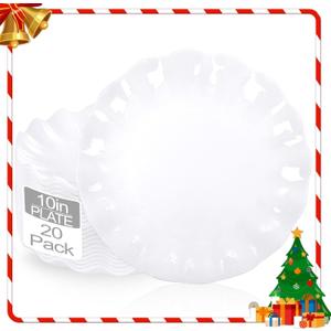 LIYH 20 Pcs 10 Incn White Scalloped Plastic Plates Reusable - Unbreakable Plastic Dinner Plates Camping Outside Plate Dishwasher Safe for Wedding Parties Birthdays Picnics - BPA Free