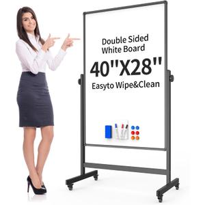 Rolling Whiteboard 40x28 Inches - Adjustable Height Standing Easel Whiteboard on Wheels for Home, Office, Classroom Black