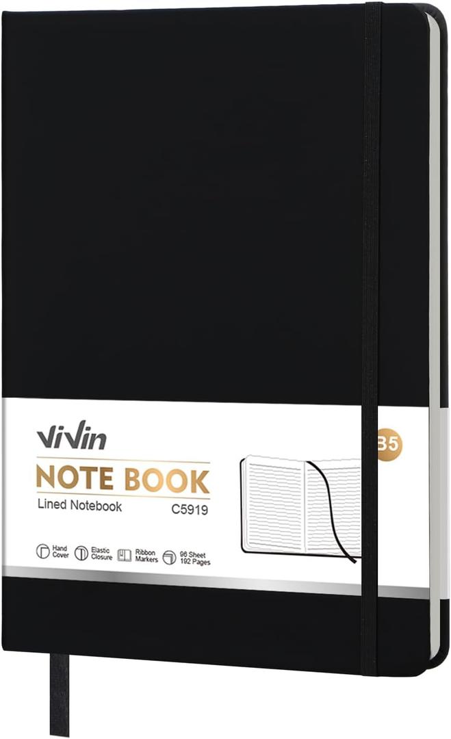 Vivin B5 College Ruled Notebook for Work,6.9"x9.8" Leather Hardcover Journal,192 Pages Professional Lined Notebook for Office & Business (Black)