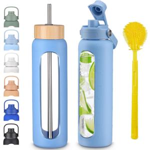 32 oz Glass Water Bottles with Straw and Lid 1 Liter Borosilicate Glass Tumbler With Silicone Sleeve and 2 Lids, Handle Spout & Bamboo Straw Lid, Leakproof BPA Free for Gym, Office, Home & Travel (Sky Blue)