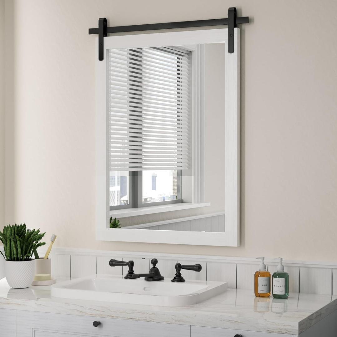 Farmhouse Mirror for Bathroom, White Rustic Vanity Mirror Wood Framed Decrative Mirrors, Barn Door Style Decor Entryway Bedroom 22x30INCH Horizontal