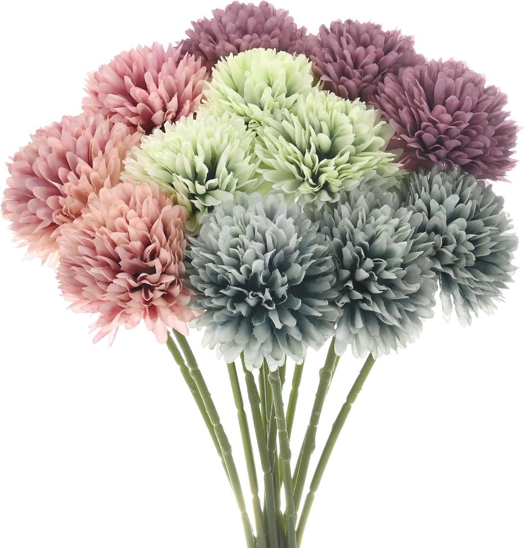 12-Pack Artificial Chrysanthemum Ball Flowers,11 Inch Faux Hydrangea Silk Bouquets Real Touch Faux Flowers for Wedding/Christmas[Autumn Pink, Autumn Green, Autumn Blue, Autumn Purple]