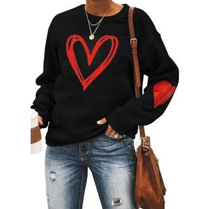 Valentine's Day Long Sleeve Sweatshirts Women Love Heart Print Graphic Shirts Pullover Tops Casual Blouse (1 Black Heart)