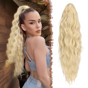 FESHFEN Ponytail Extensions - 26 inch Drawstring Long Curly Wavy Clip in Ponytails Synthetic Hair Piece Pony Tail Hairpieces for Women, Light Blonde