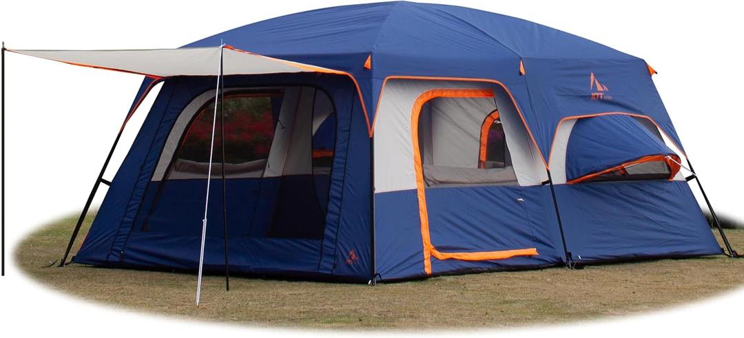 KTT Extra Large Tent 12-14 Person,Family Cabin Tents,2 Bay-Windows,2 Rooms and 3 Doors 3 Windows with Mesh,Waterproof,Straight Wall,Double Layer,Big Tent for Outdoor,Picnic,Camping, 10-12 person