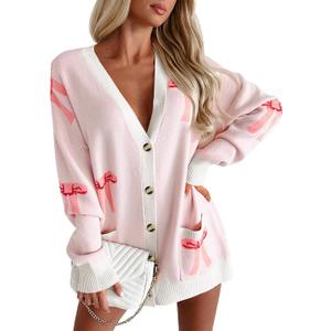 Saodimallsu Womens Oversized Cardigan Sweaters Bow Printed Button V Neck Long Sleeve Loose Knit Fall Trendy Coats (L)