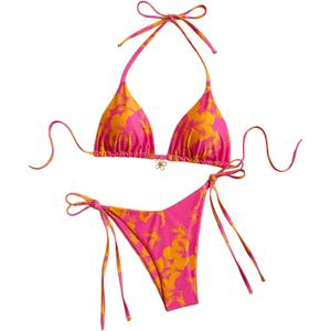 GORGLITTER Women's Floral Bow String Bikini Set Triangle Halter Swimsuit High Cut Summer Bathing Suit Swimwear 2025 (Medium, Pink and Orange)
