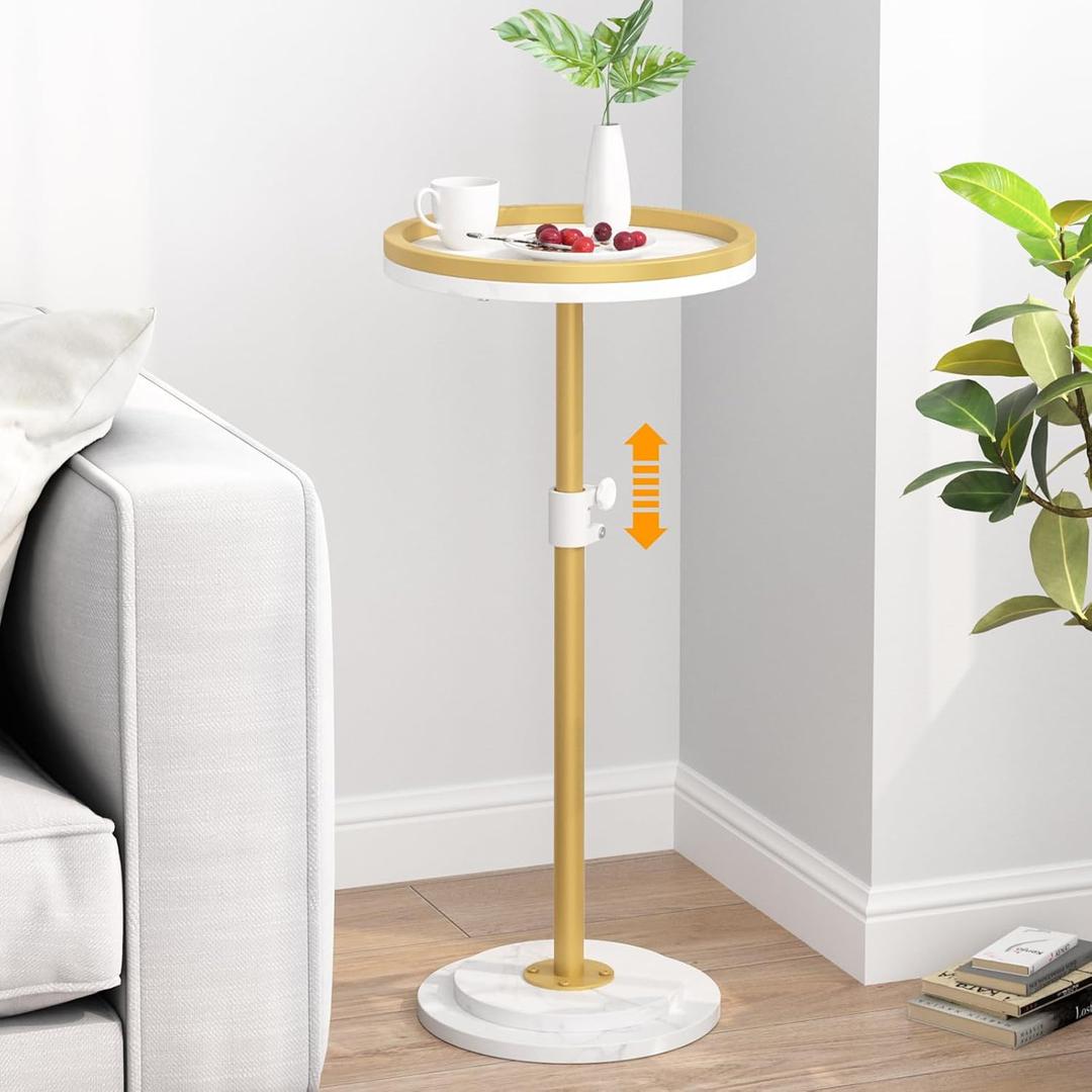 Small Side Table, Drink Table, Height Adjustable Round End Table, Pedestal Side Table for Small Spaces in Living Room, Bedroom, Gold