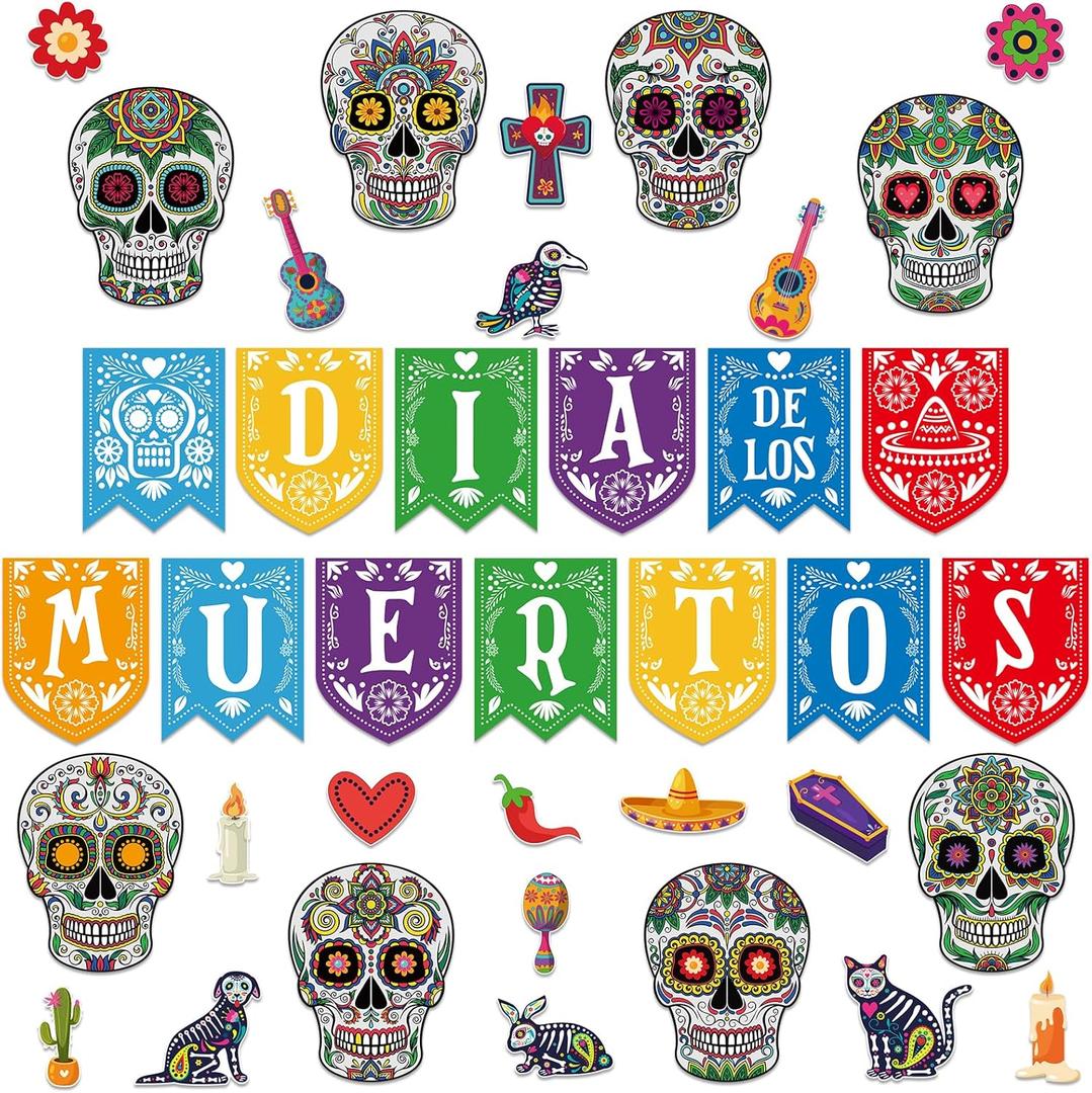 Day of The Dead Decorations - 38PCS Sugar Skull Cutouts Decor Dia De Los Muertos Halloween Cutouts Decor for Classroom Bulletin Board Wall Decor Mexican Fiesta Party Supplies