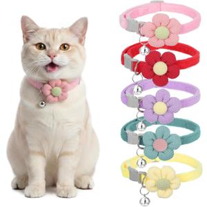 Teaaha 5 Pack Cute Cotton Kitten Collar with Bell, Safety Buckle Flower Cat Collars Breakaway for Boy Girl Cats, Soft Kitty Bells Collar Adjustable from 8.7 to 13.7 Inches(5 Color)
