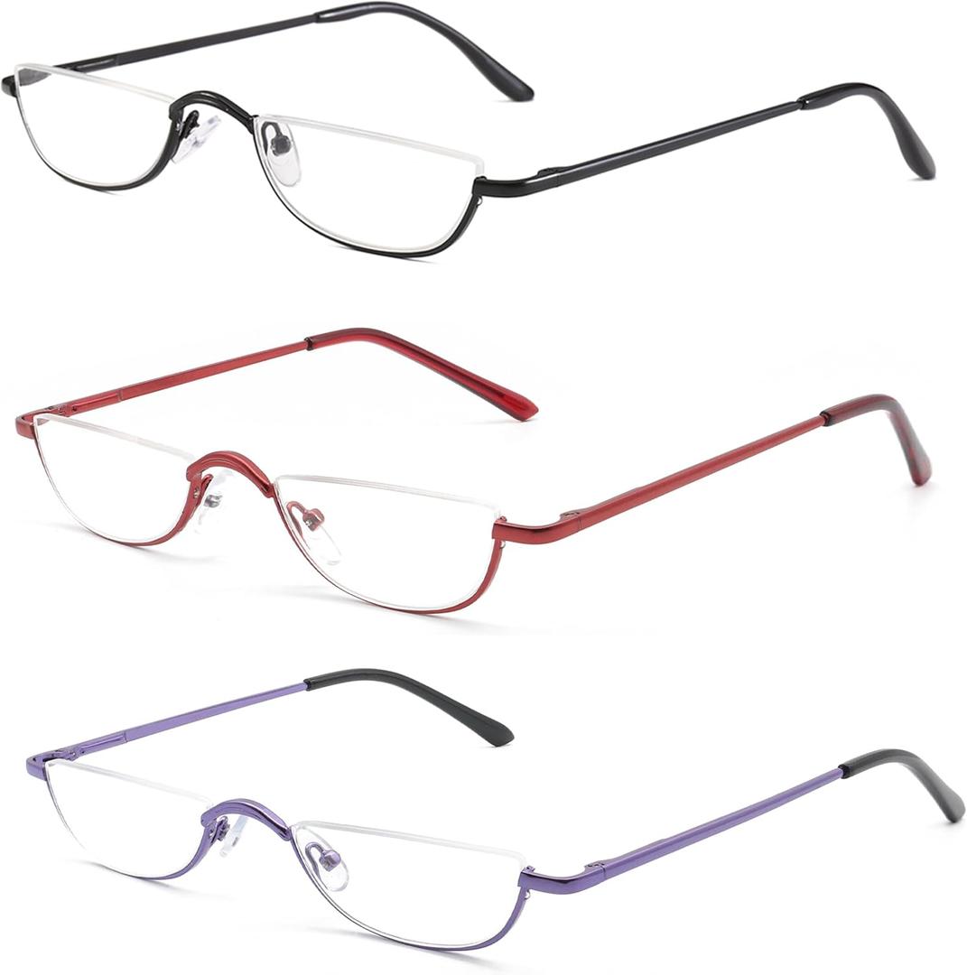 Half Frame Reading Glasses, Half Metal Moon Readers for Women Men 1.25 (Black,Red,Purple)