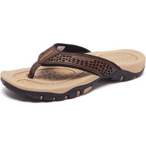 KIIU Mens Thong Sandals Indoor and Outdoor Beach Flip Flop (8.5, Brown/Khaki)