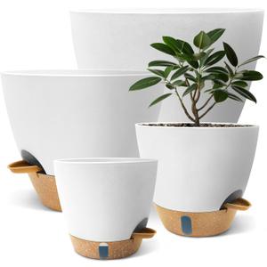 12/10/9/8 inch Self Watering Pots with Visual Water Window, Extra Large Self Watering Plant Pot with Drainage Holes and Saucers, White Flower Pots for Indoor Plants