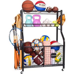 Sports Equipment Organizer with Wheels for Garage Ball Storage | Heavy-duty metal sports organizer with rolling wheels for ball and equipment storage in garages, homes, schools and gyms.