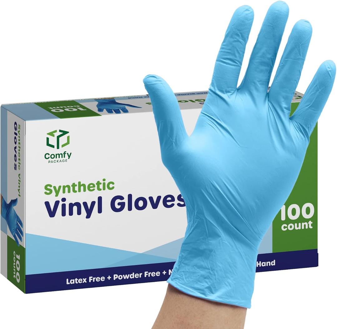 Comfy Package Synthetic Vinyl Blend Disposable Plastic Gloves Non-Sterile, Powder & Latex Free (Medium)