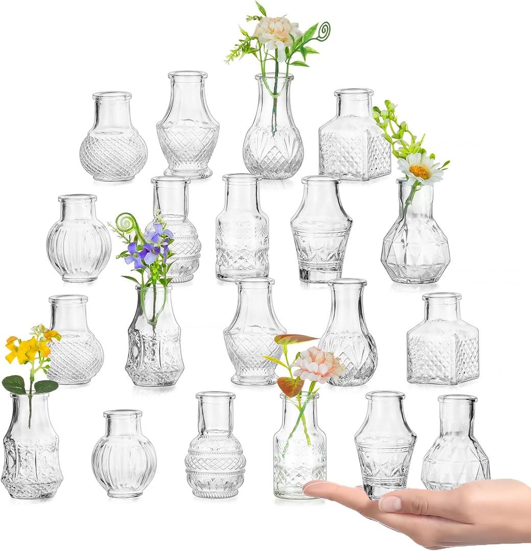 Small Glass Bud Vases Set of 20: Hewory Mini Vase Bulk for Wedding Centerpieces - Tiny Vases for Baby Showers Party Vintage Home Table Decor