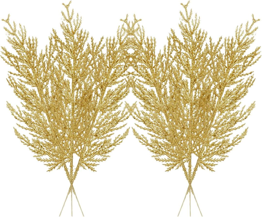 Christmas Glitter Stems 24pcs Artificial Pine Tree Picks for Christmas Tree Ornaments fillers, DIY Xmas Wreath, Crafts, Garland, Holiday, Party, Wedding and Home Decoration(Gold)