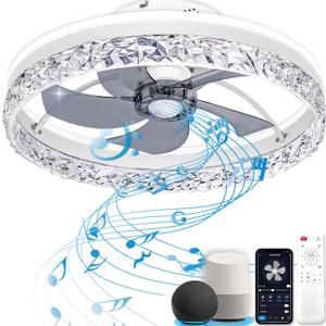 Ceiling Fan with Light, Low Profile Flush Mount Ceiling Fan, Bluetooth Ceiling Fan with Speaker, Smart Ceiling Fan with Alexa & Google Assistant, Voice/APP/Remote Control