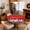 Pardick Red Christmas Round Fitted Tablecloth with Elastic Edge, Reindeer Santa Fitted Table Cloth Waterproof Wipeable Table Cover Holiday Tablecloth, Fits Tables up to 45"-56" Diameter