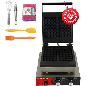 Superior Kitchen Equipment Commercial 2-Slice Square Belgian Waffle Maker | Stainless Steel Waffle Iron, Non-Stick Coating, Heat-Resistant Handle, 122℉/50℃ to 550℉/300℃, Has Accessories, 1750W, 110V