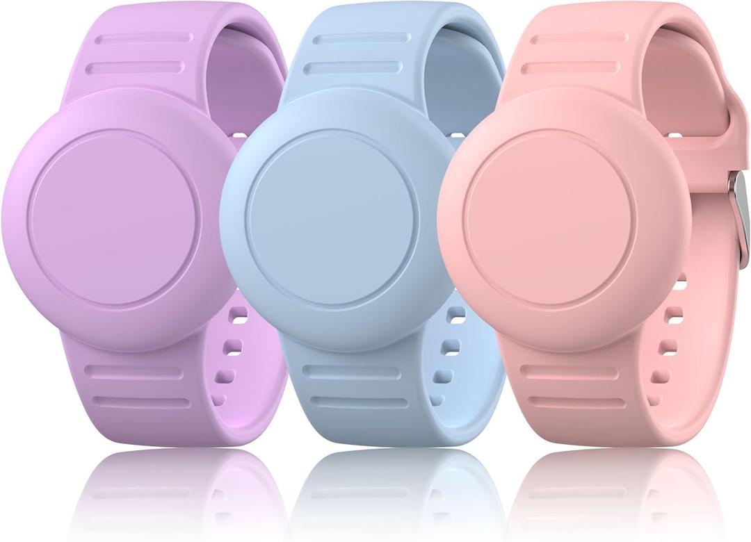 3 Pack Waterproof Air Tag Bracelet for Kids, Soft Silicone Air tag Holder for Apple AirTag (2nd Gen & 1st), Adjustable Anti Lost Watch Band for Kids 3 Years Old and up (PinkSand/SkyBlue/Purple)