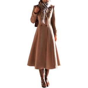 IDEALSANXUN Womens Long Wool Coat Fall Winter Double Breasted Trench Coat Peacoat Jackets (Medium, Dark Khaki)
