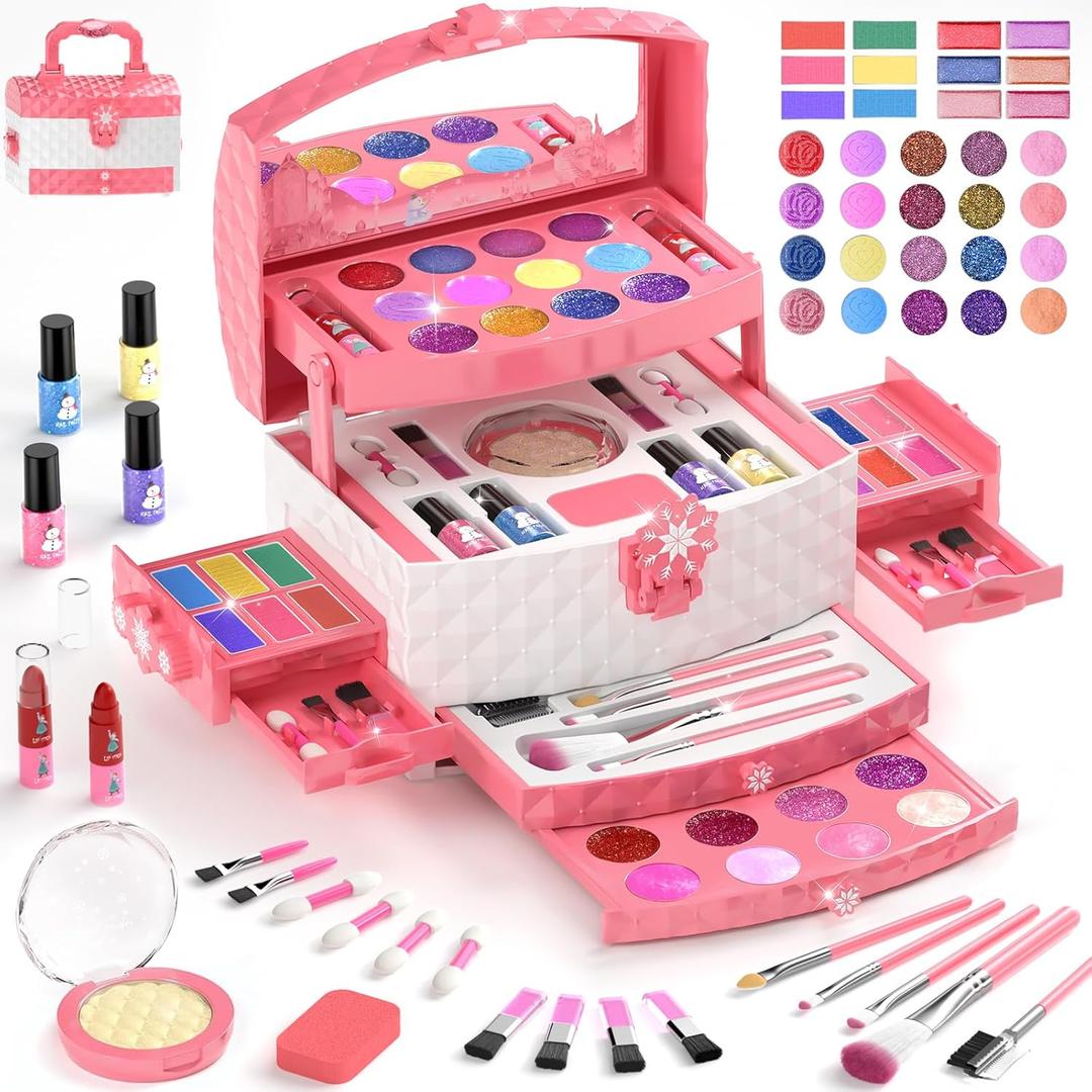 GirlsHome Kids Makeup Set for Girl 56 Pcs Washable Real Cosmetic, Non-Toxic Frozen Toys Toddler Makeup Kit, Frozen Princess Dress up Kit Christmas & Birthday Girl Gift for 3-12 (Frozen Pink)