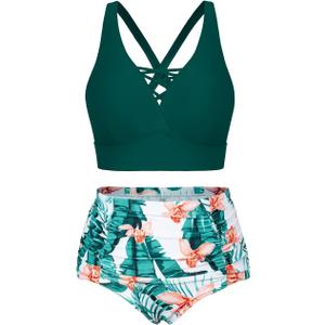 Hanna Nikole Plus Size Bathing Suit for Women Adjustable Spaghetti Straps Push Up Bikini Set Olive Green Floral, 18 Plus
