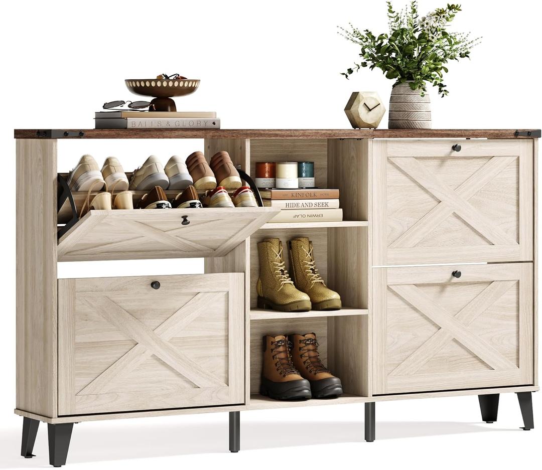 LINSY Shoe Storage Cabinet, Large Shoe Cabinet with Flip Drawers, Farmhouse Shoe Rack Cabinets for Boots, Wood Hidden Shoes Storage Organizer for Entryway, Front Door, Hallway, Washed White