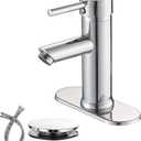 Chrome Bathroom Faucets 1 Hole, Single Handle One Hole Bathroom Sink Faucet, Deck Mount Lavatory Vanity Faucet with Cover Plate, Pop Up Drain with Overflow Included, Brass (With pop up drain)