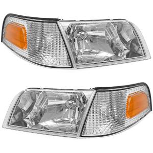 Headlight Assembly Pair for 1998-2011 Ford Crown Victoria Chrome Housing Amber Reflector Replacement W/O Bulbs