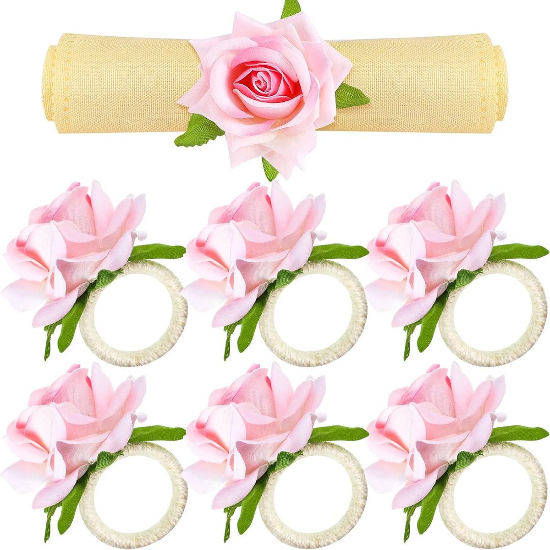 12 Pcs Pink Flower Napkin Rings Handcraft Floral Napkin Holder Table Decor for Summer Wedding Picnics Banquet Birthday Party